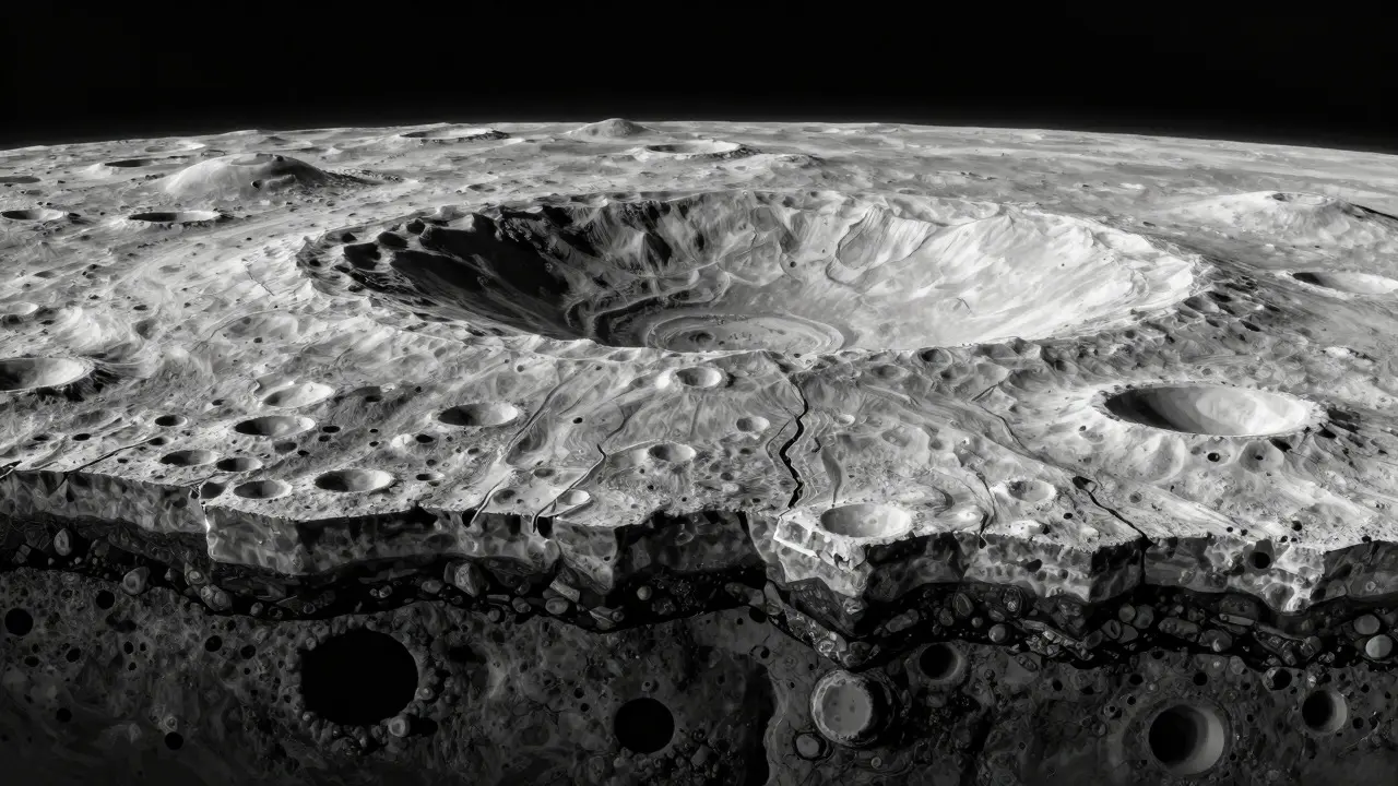 Conceptual illustration of lunar crust layers and surface topography features