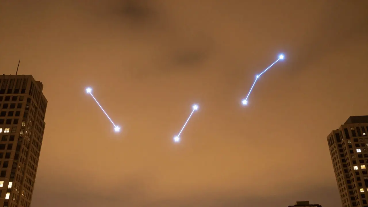 Constellation lines like Orion and Cassiopeia glowing through orange city haze