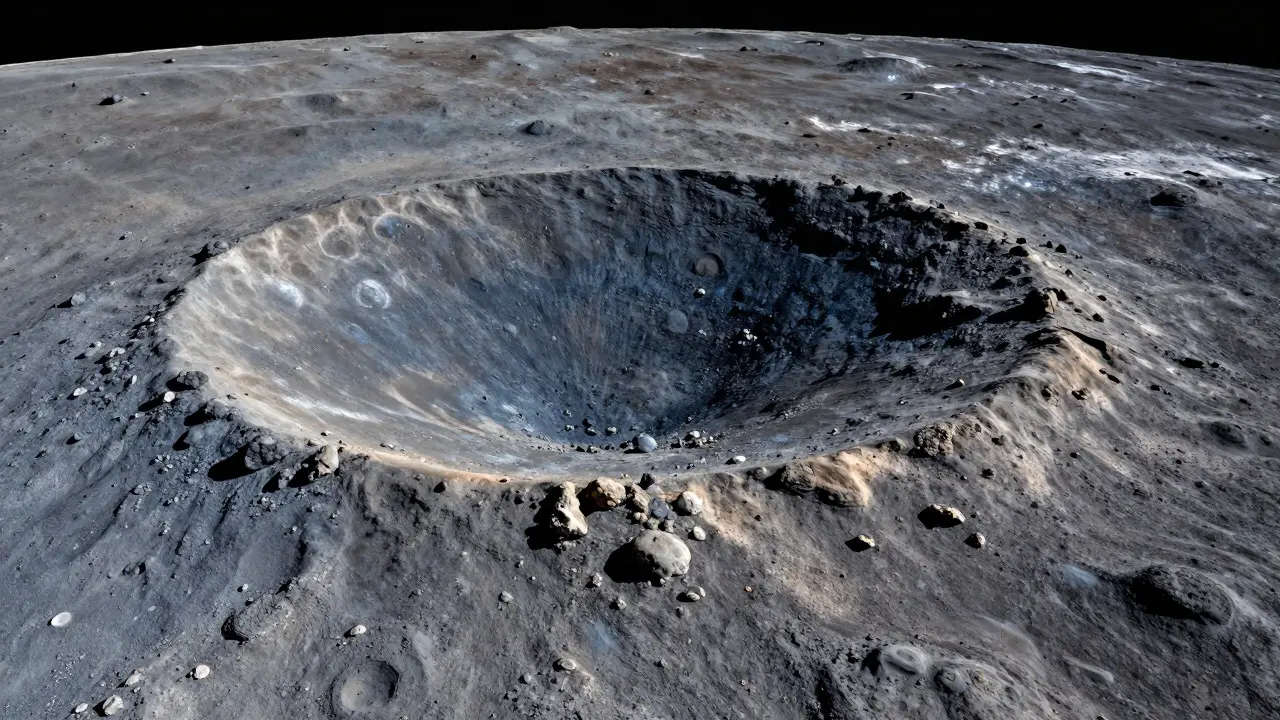 Copernicus crater showing mixed ejecta patterns near the Mare Imbrium