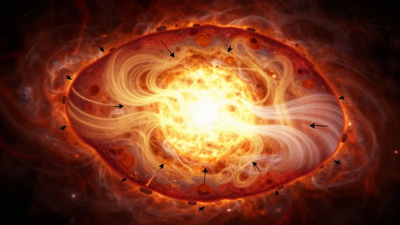 Cross-section illustration of a red giant star showing internal pulsation mechanisms