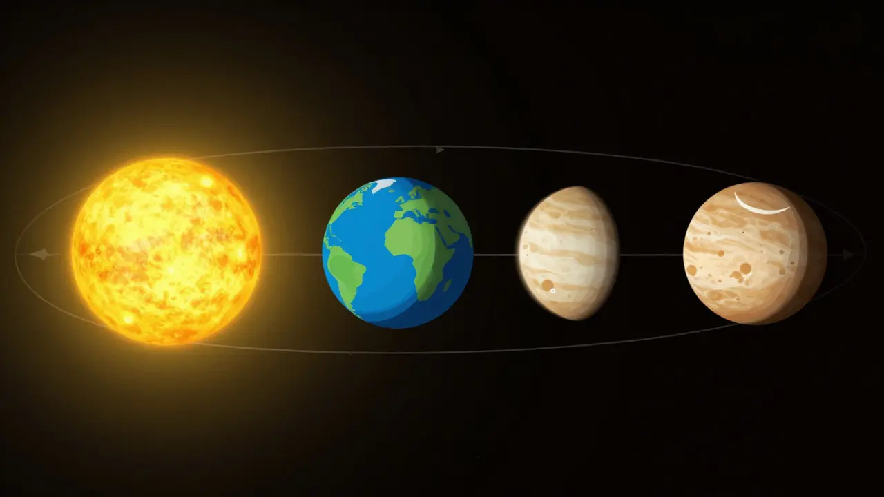 Diagram illustrating Venus orbital phases relative to Earth and the Sun.