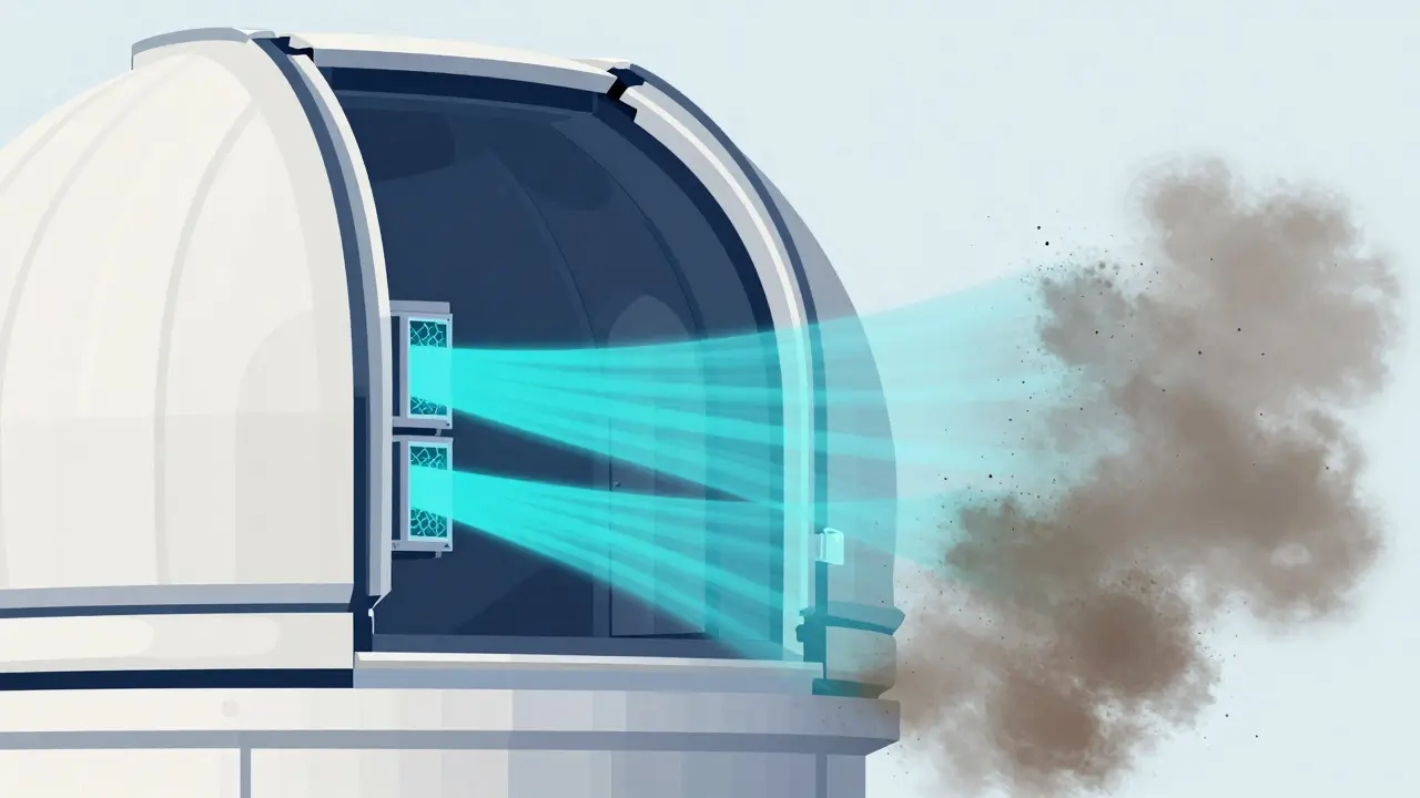 Diagrammatic illustration of positive pressure airflow keeping dust outside an observatory
