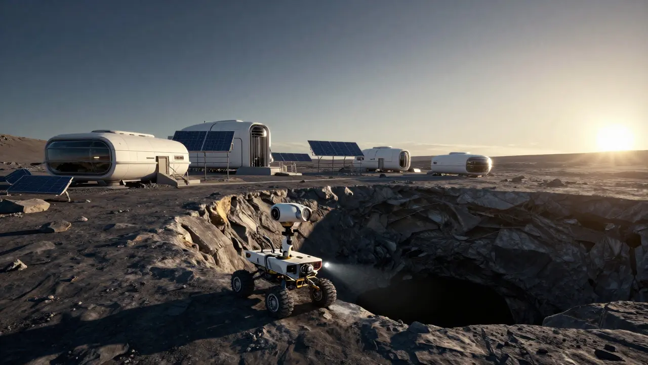 Futuristic lunar base on a sunlit peak overlooking a dark crater