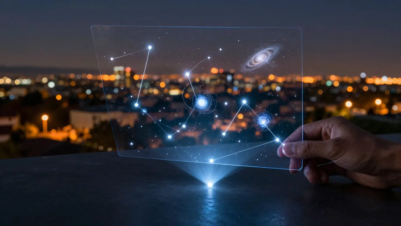 Hand holding a holographic star chart projecting constellations over a table