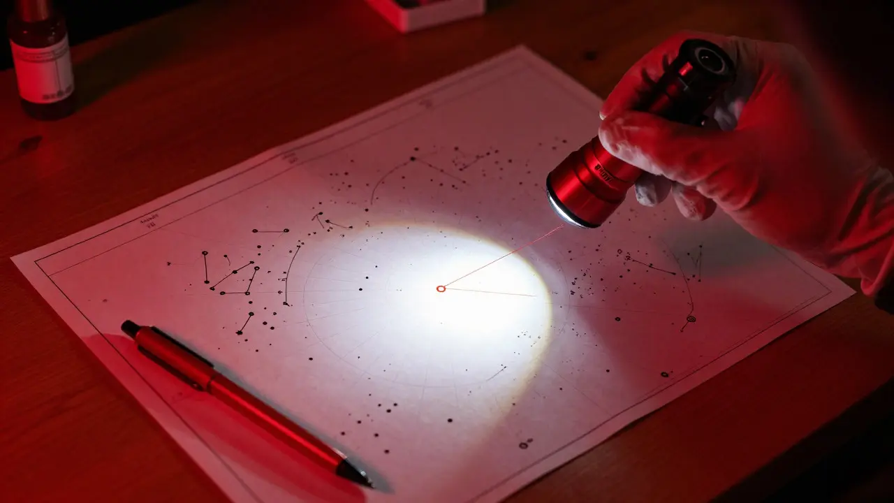 Hand holding a red flashlight over a marked star chart on a table