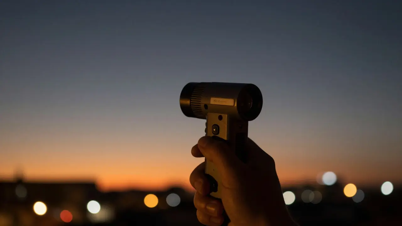 Hand holding a sky quality meter pointed at the night sky with city lights in background