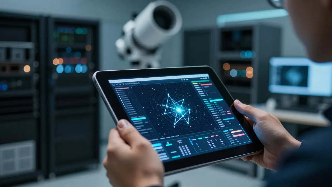 Hand holding a tablet with abstract data visuals in a telescope control room