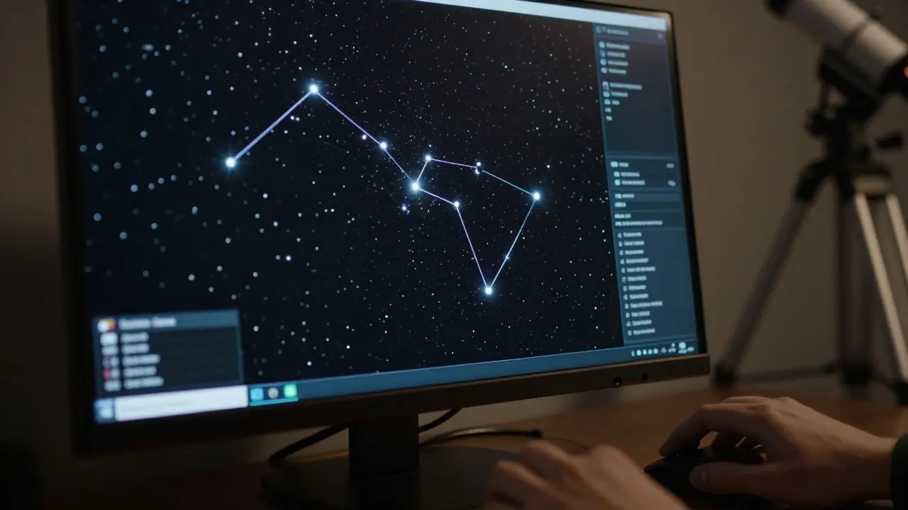 Hand selecting a star waypoint on a planetarium software interface