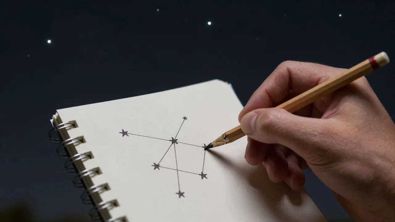 Hand sketching star patterns in a notebook under the night sky
