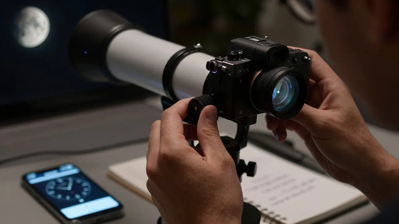 Hands adjusting a telescope with a camera attached for precise timing