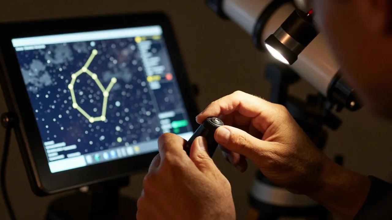 Hands adjusting telescope controls under low light