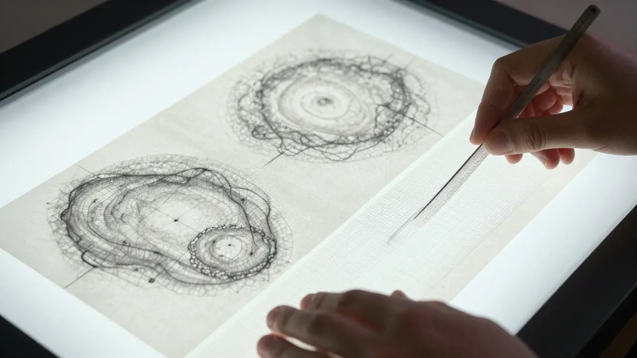 Hands aligning and tracing overlapping nebula sketches on a light table