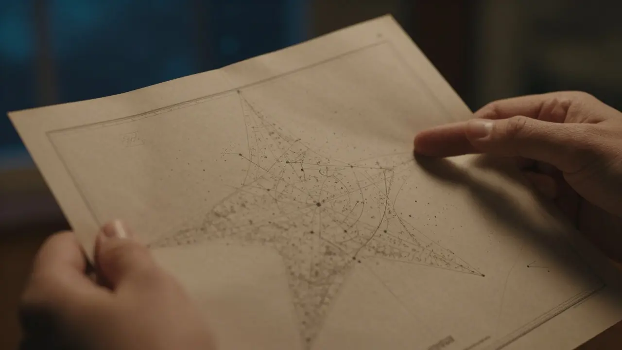 Hands holding a paper star chart near a window with night sky view