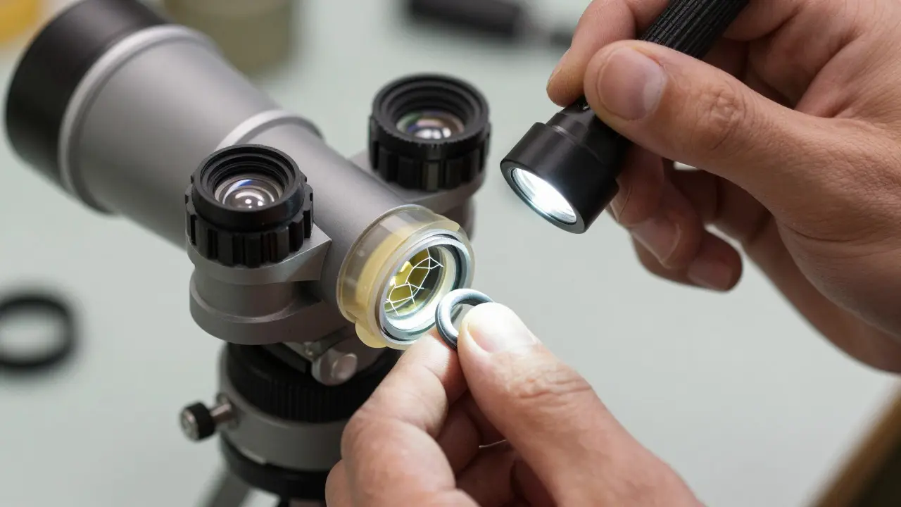 Hands using a flashlight to inspect cracks in a telescope's plastic and rubber parts