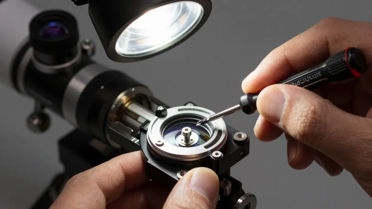 Hands using a screwdriver to adjust a telescope secondary mirror holder