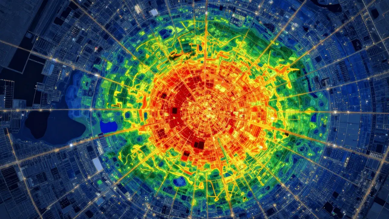 Heat map showing light pollution levels around a city with a dark spot