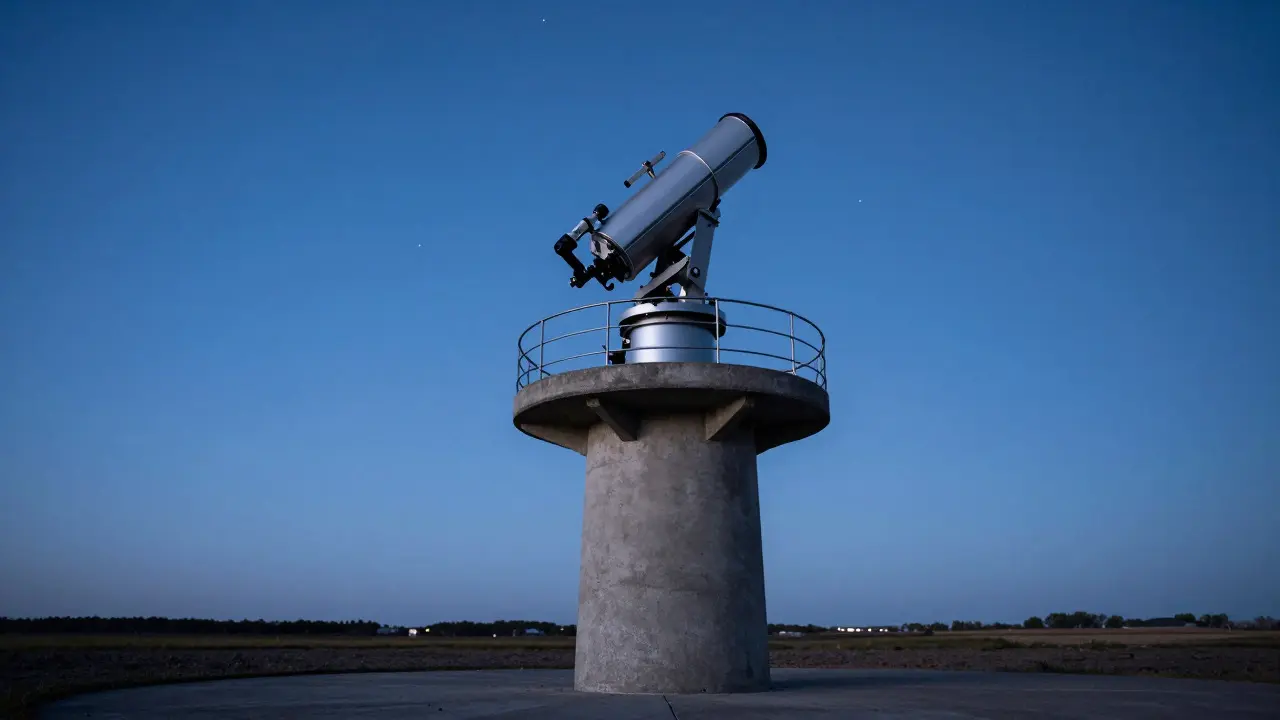 Heavy concrete pier mount supporting an equatorial telescope in a backyard at dusk