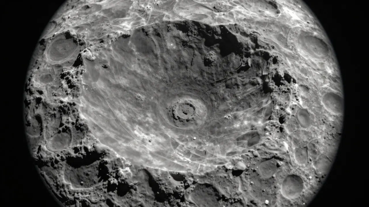 High magnification view of a lunar crater's rim and central peak
