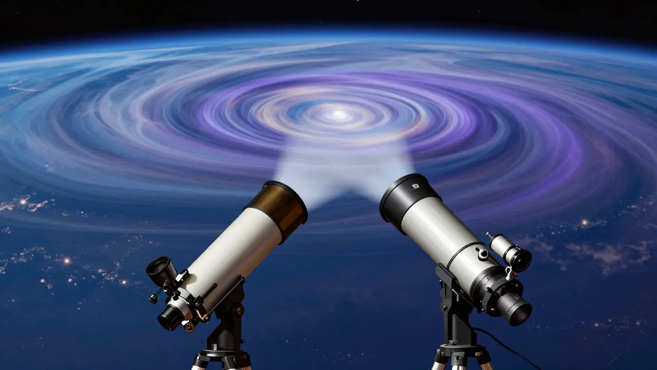 Illustration comparing SCT and Maksutov telescopes against rippling atmospheric distortion