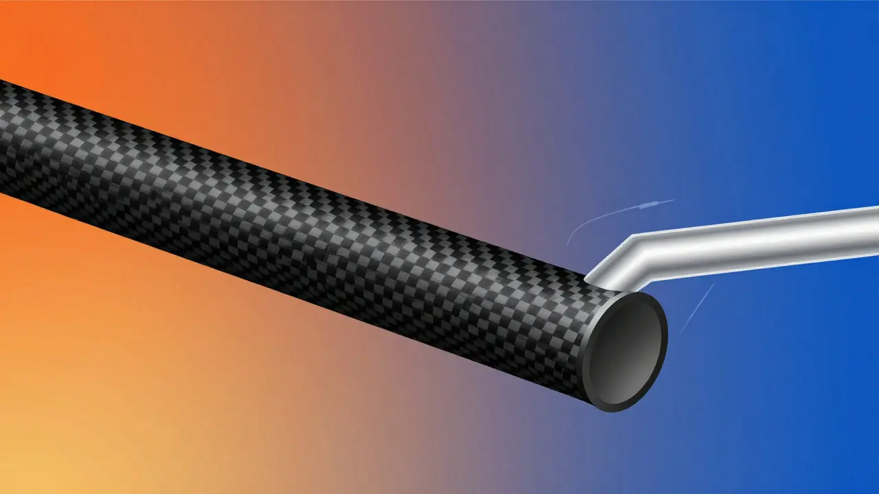 Illustration comparing the rigid stability of a carbon fiber tube versus the expansion of aluminum