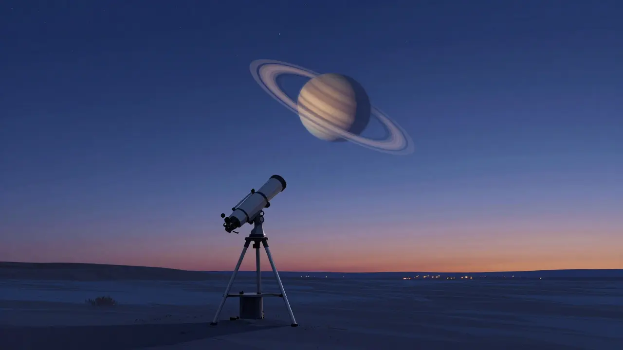 Illustration of a stable autumn night with a clear view of Saturn through a telescope