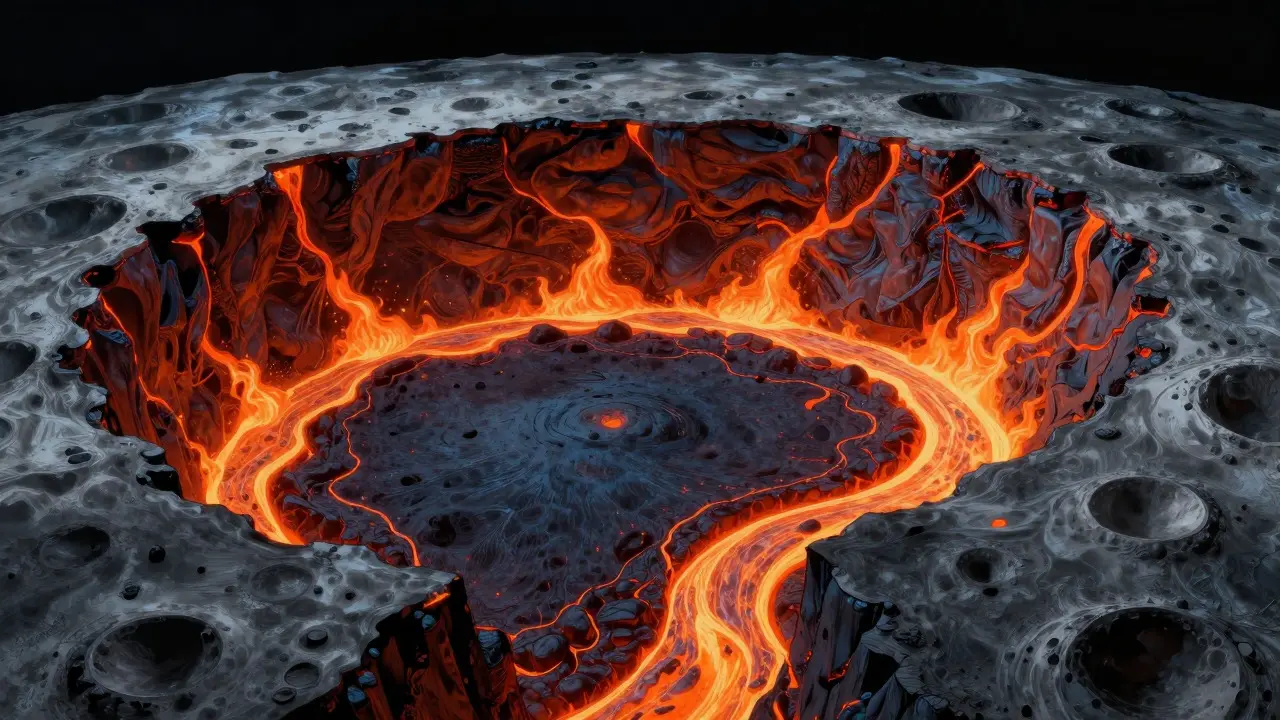 Illustration of magma flowing into a lunar impact basin to form dark maria