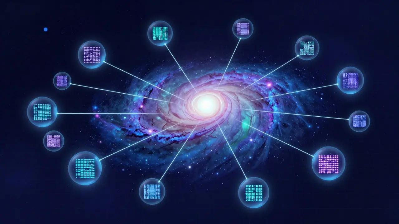 Illustration of multiple data points merging into a galaxy image