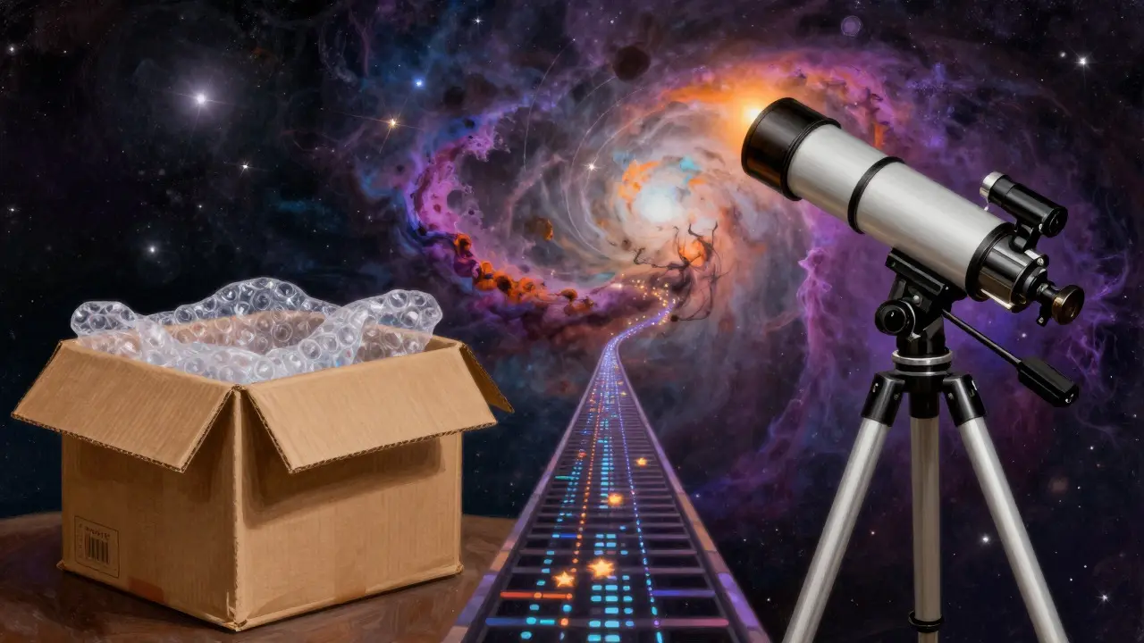 Illustration of packing and shipping a telescope to view the stars