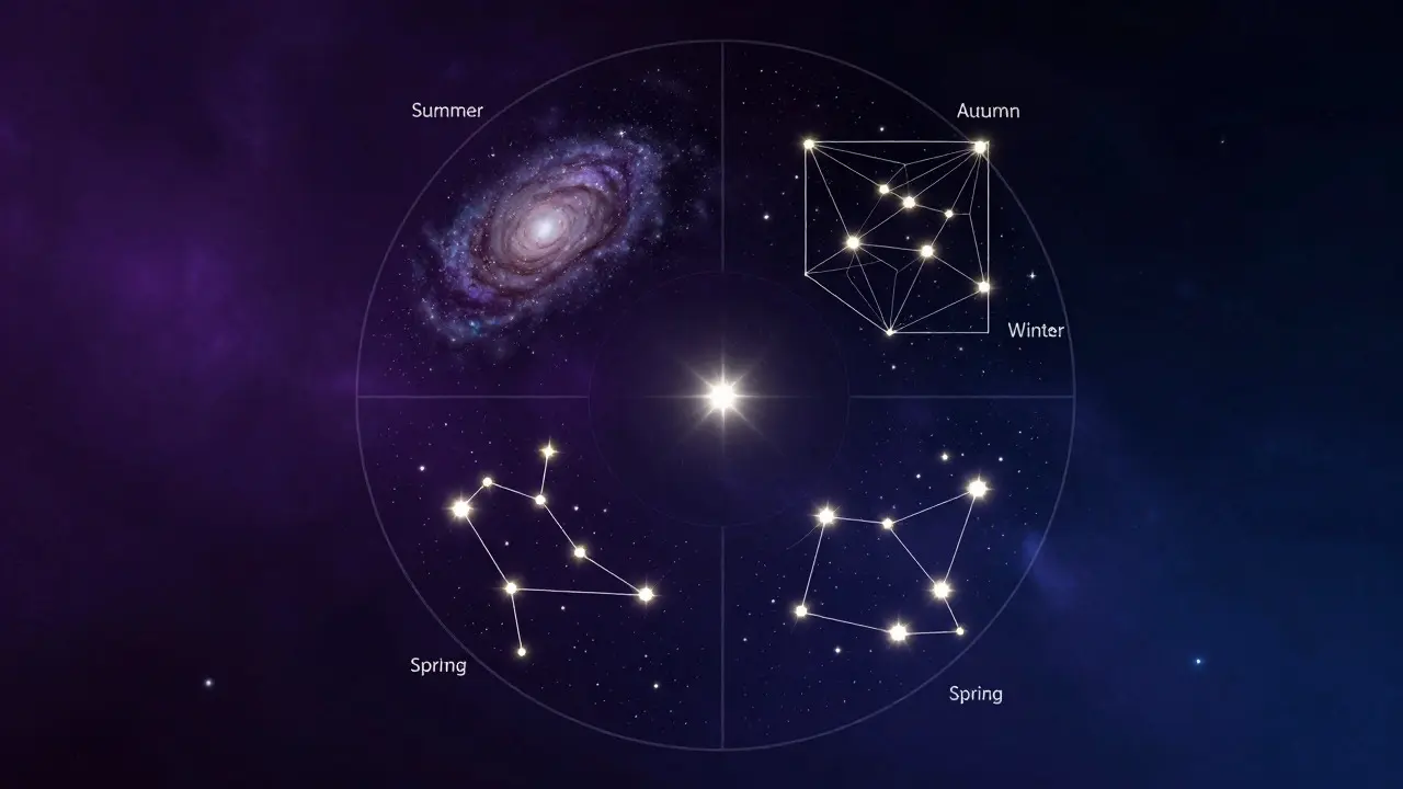 Illustration of seasonal constellation patterns arranged in a circle
