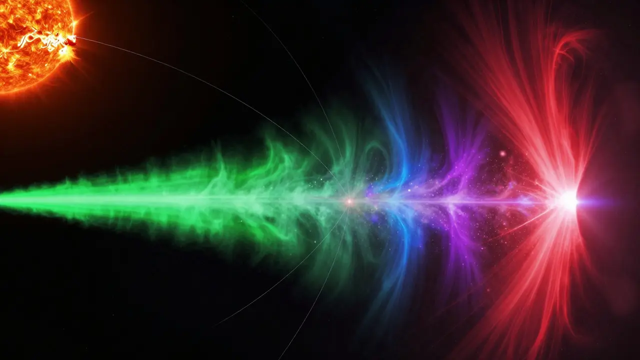 Illustration of solar particles colliding with atmospheric gases to create aurora colors