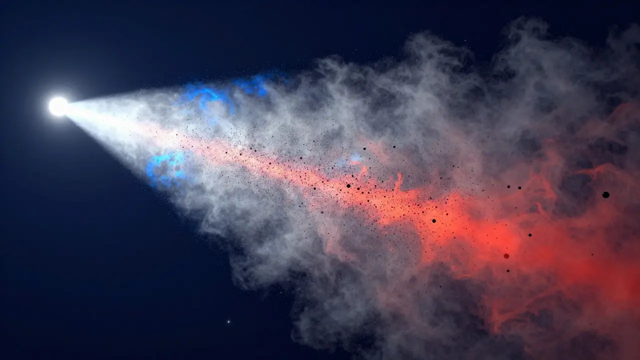 Illustration of starlight scattering through smoke particles causing color shift