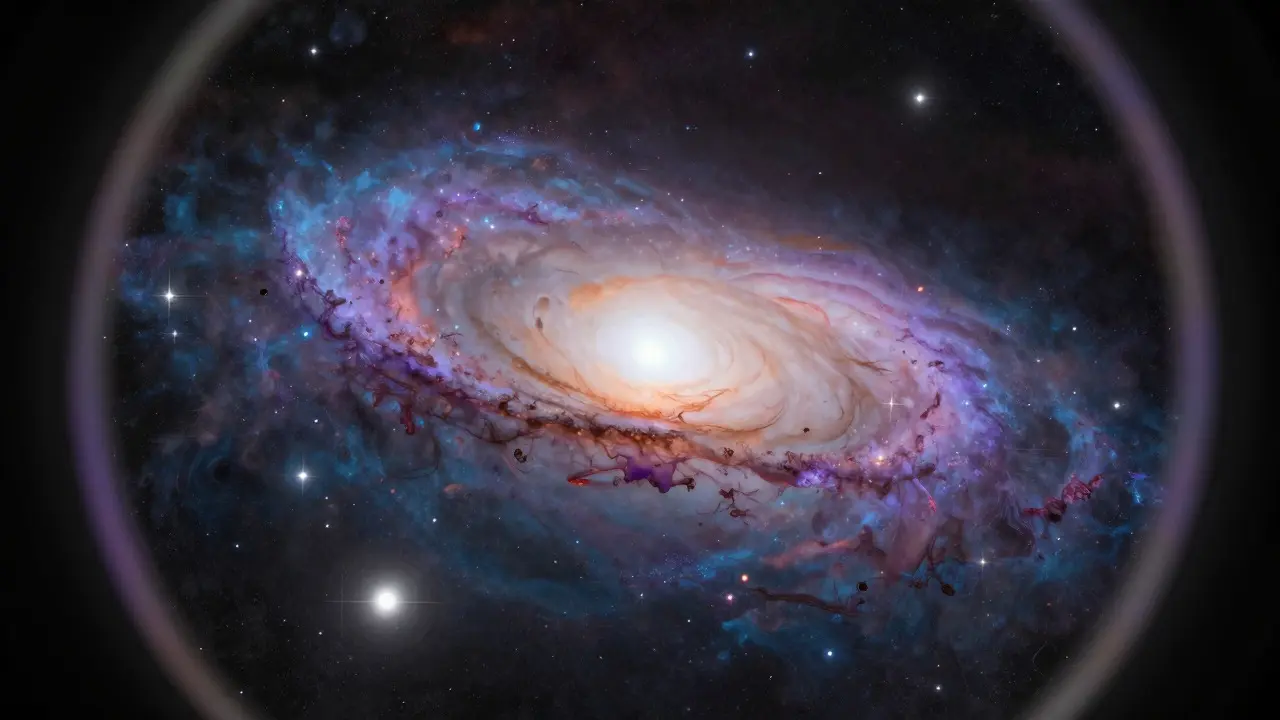 Illustration of the Andromeda Galaxy viewed through a wide-field telescope eyepiece