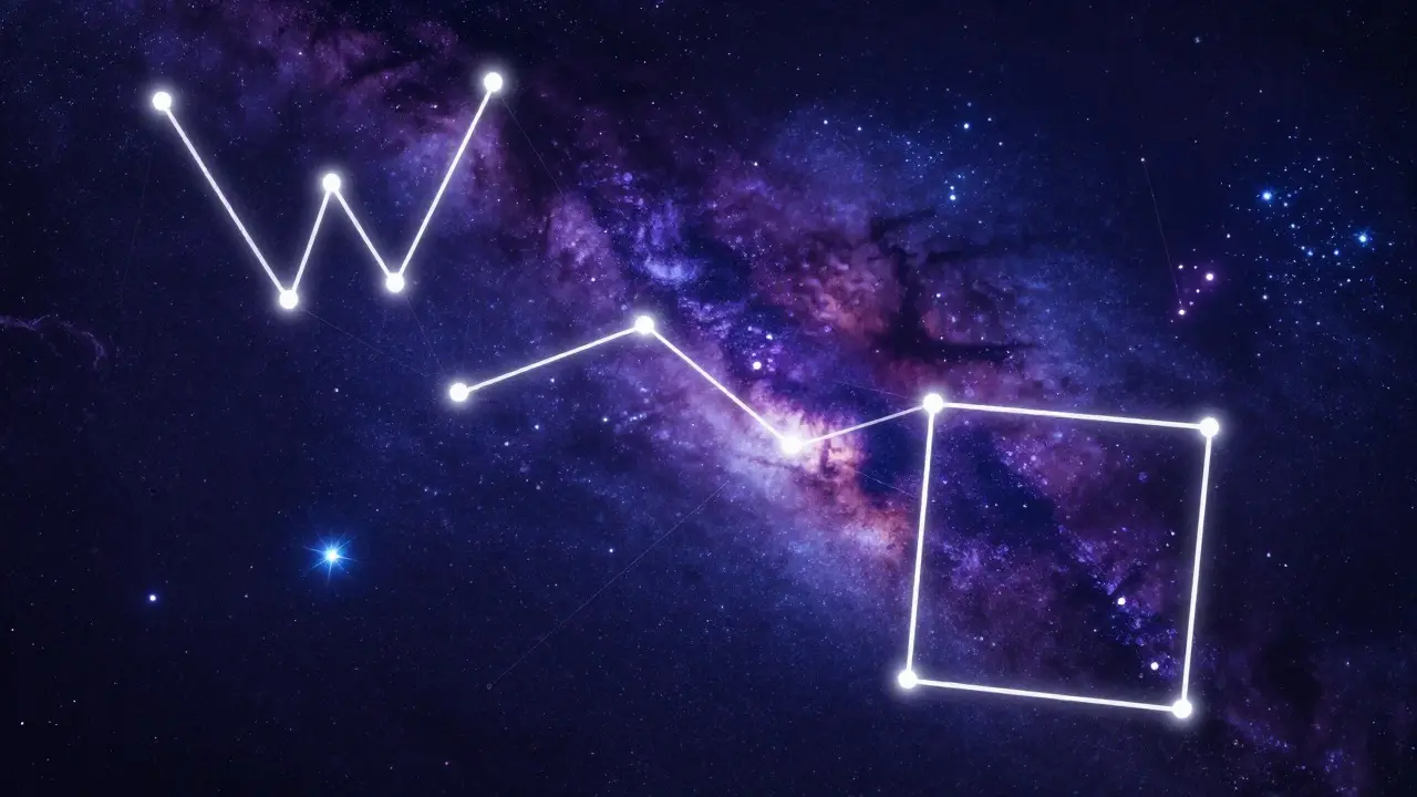 Illustration of the connected constellations Pegasus, Cassiopeia, Perseus, and Andromeda