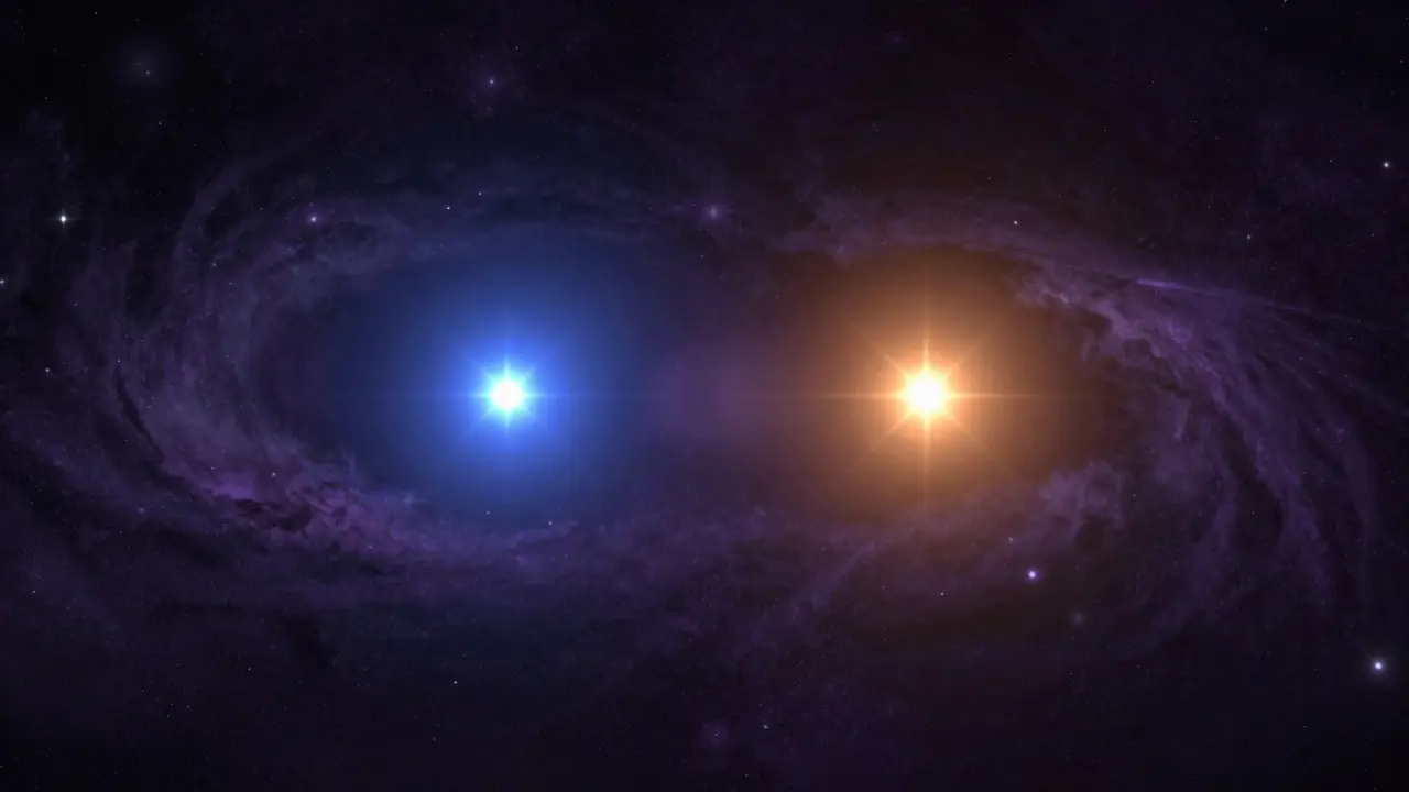 Illustration of two stars separating from a single point of light against a dark background