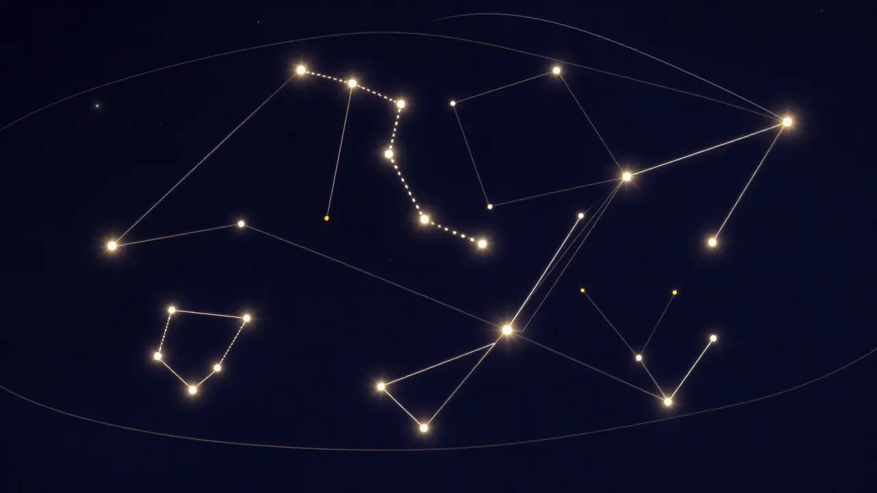Illustration showing dotted lines connecting bright stars to form a navigational web