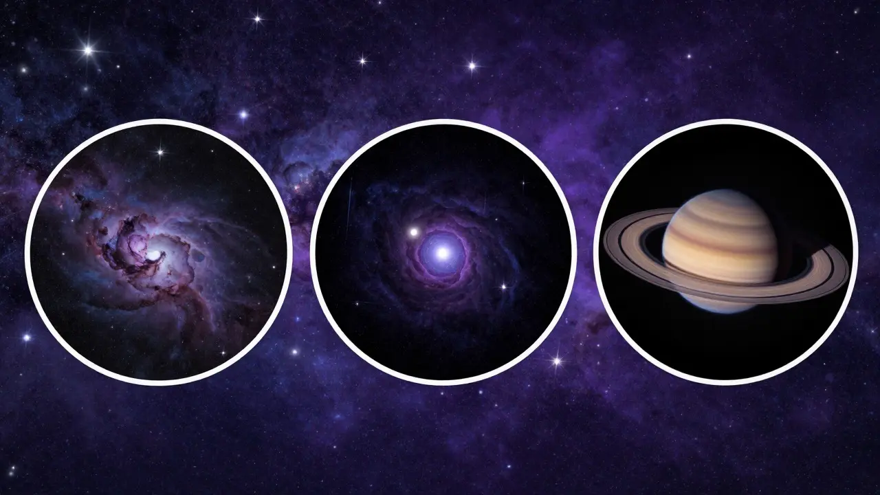 Illustration showing three levels of telescopic magnification from wide nebula to Saturn