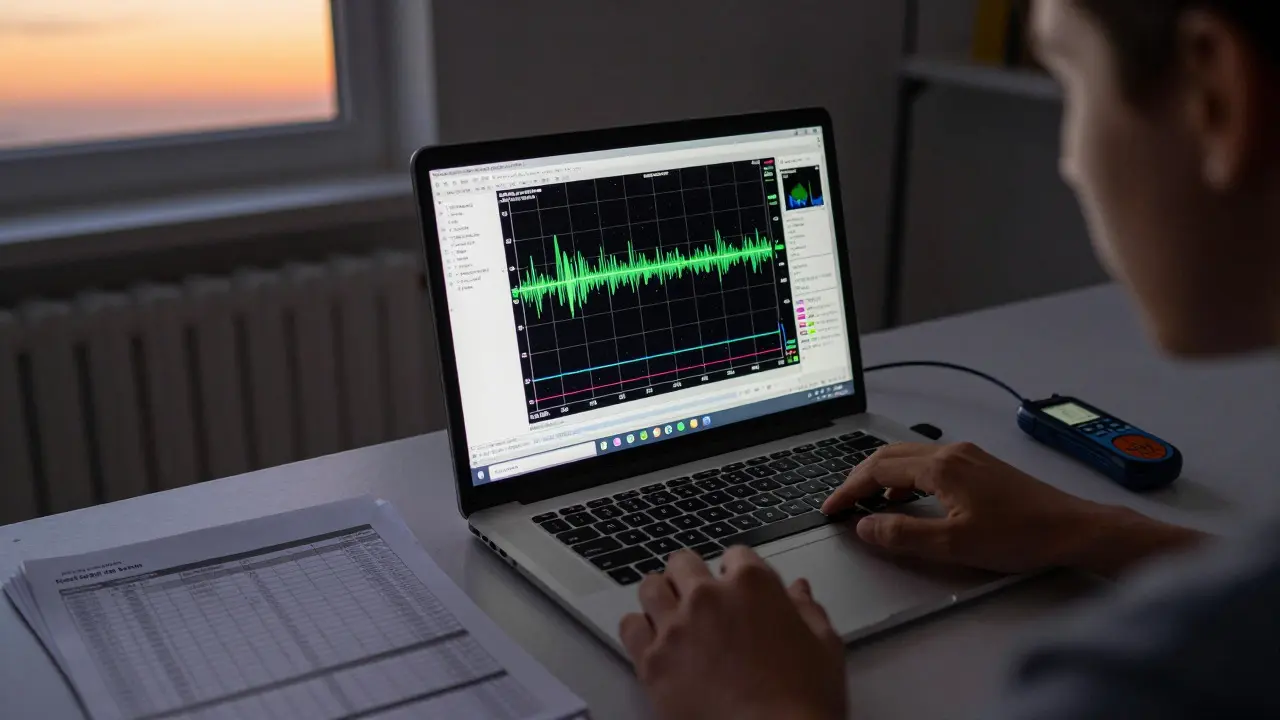 Laptop displaying a stellar light curve next to a checklist and thermometer on a desk