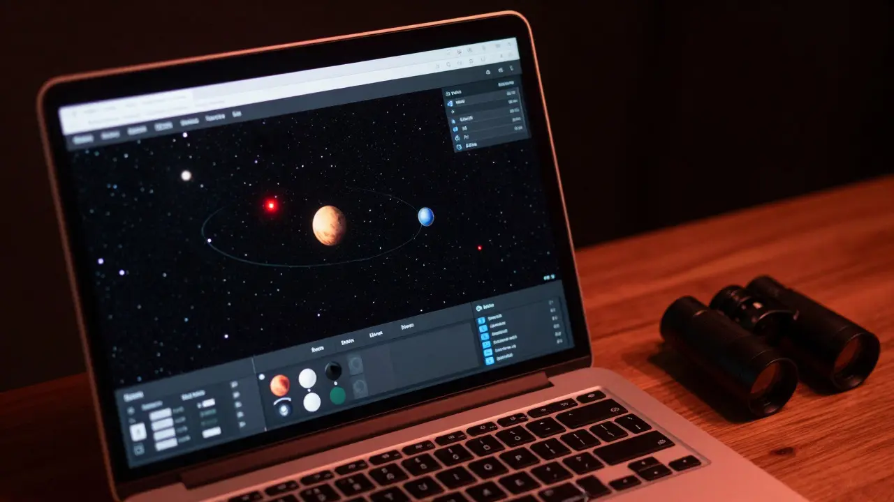 Laptop displaying planetarium software next to telescope eyepieces on a table