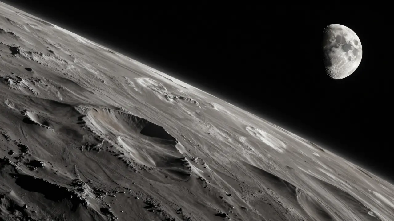 Moon at first quarter phase with long shadows revealing mountain ranges and flat plains