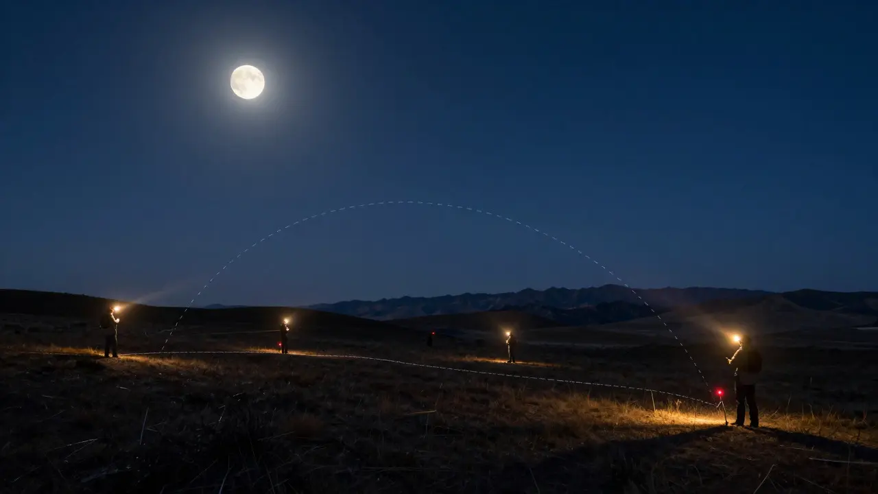 Multiple observers spread across a landscape tracking a lunar chord path