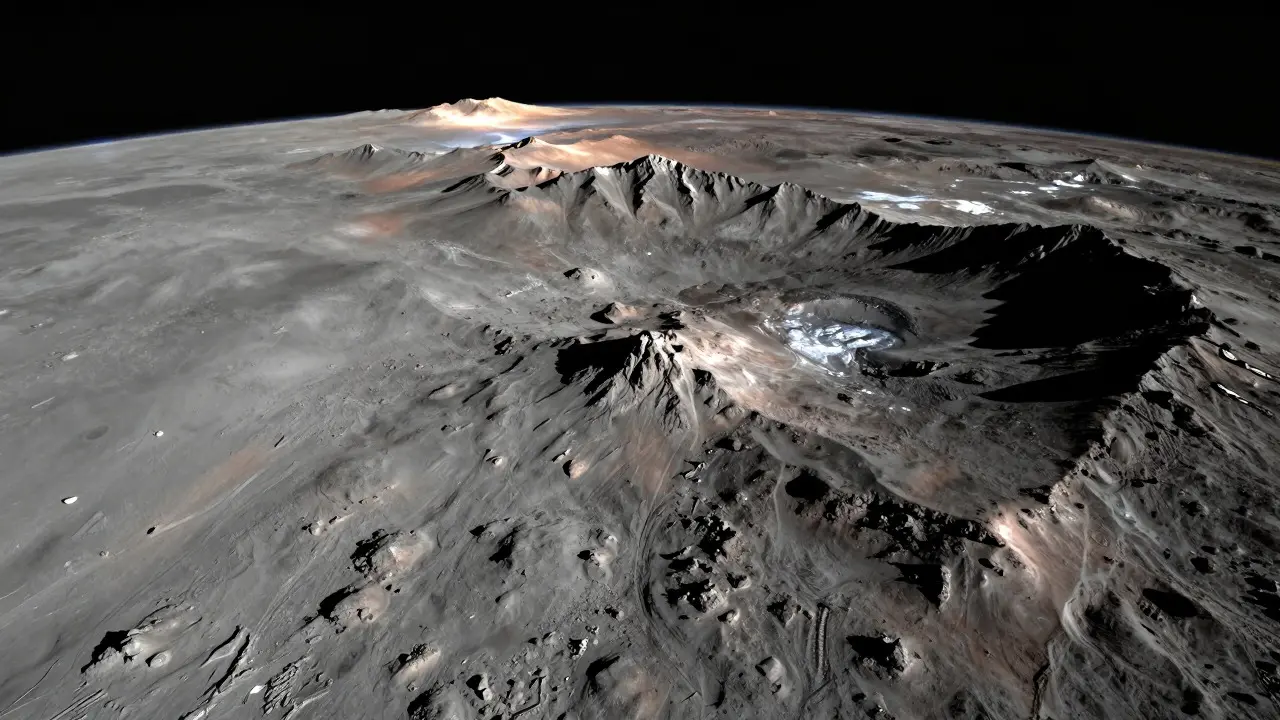 Orbital view of the South Pole-Aitken Basin with illuminated rims
