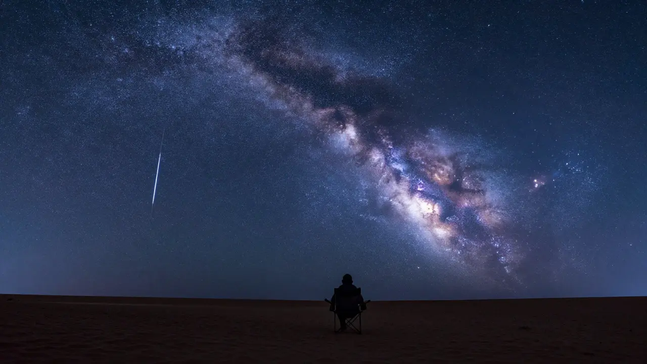 Person stargazing in a dark desert under the Milky Way with a bright meteor trail