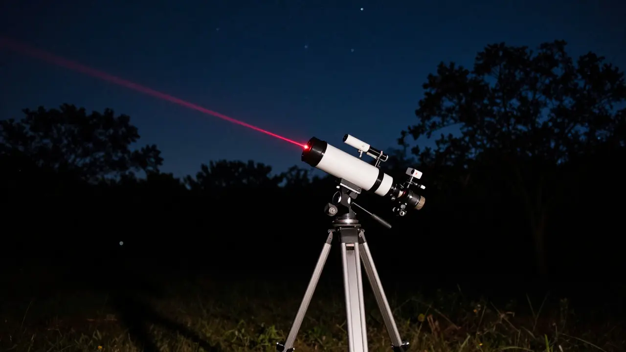 Red laser beam projecting from a Newtonian telescope tube during nighttime collimation setup
