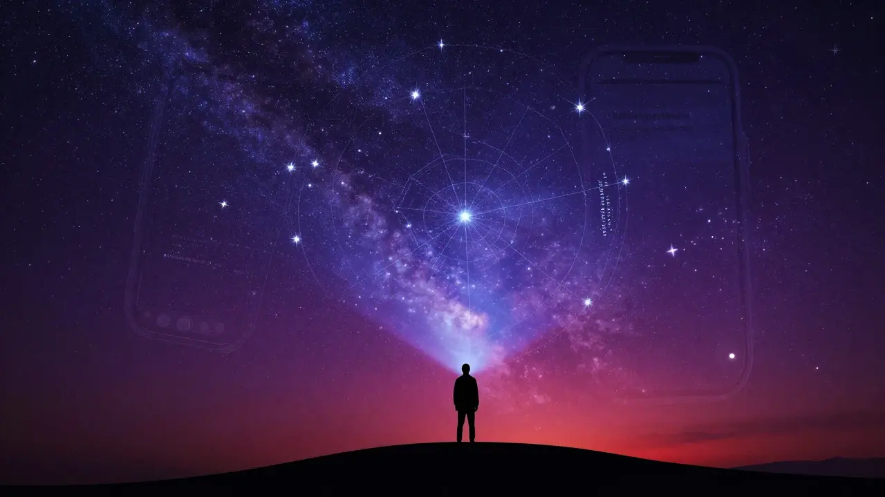 Silhouette looking up at stars as digital overlays fade into the cosmos