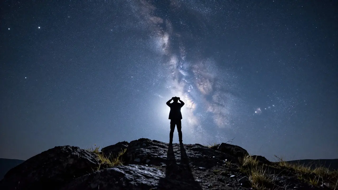 Silhouette of a stargazer on a hilltop observing the Milky Way at night