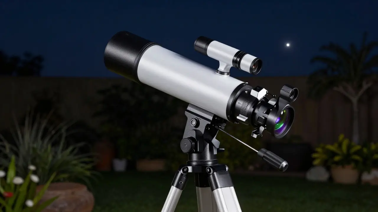 Sleek APO refractor telescope setup in a dark garden under clear night sky