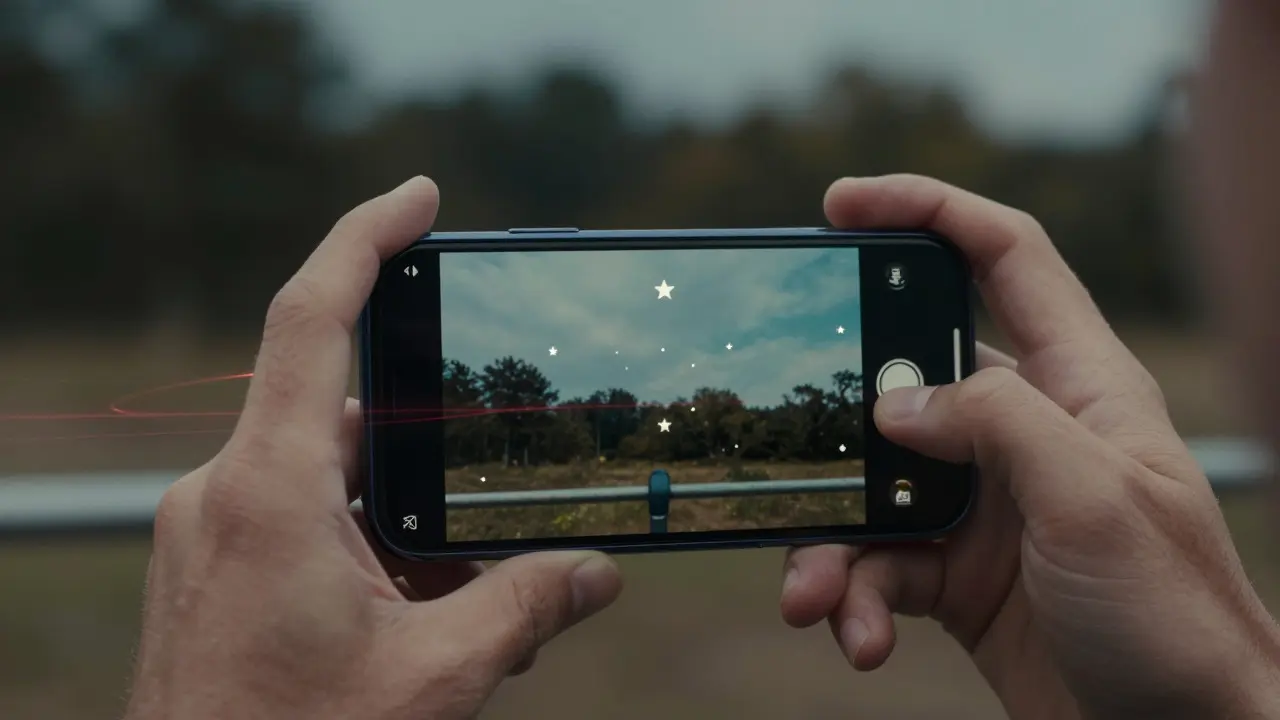 Smartphone displaying a rotated AR star map due to compass interference near metal objects