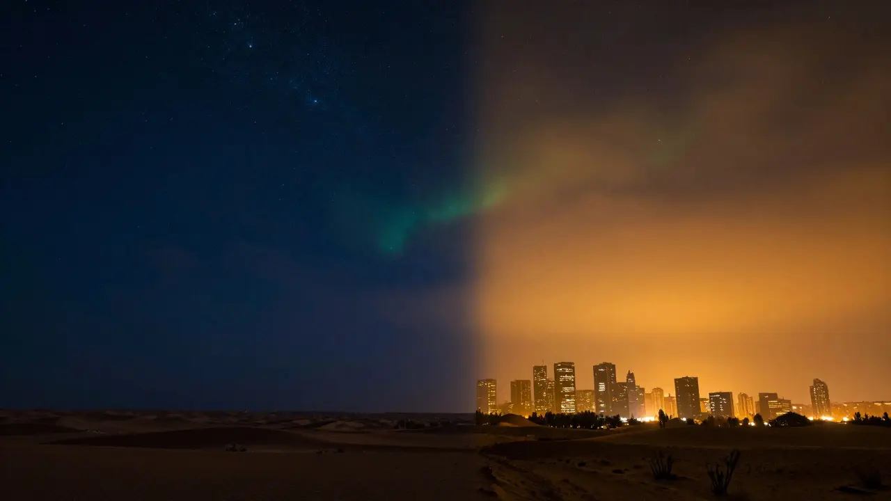 Split view comparing a dark starry sky over desert with a bright polluted city sky