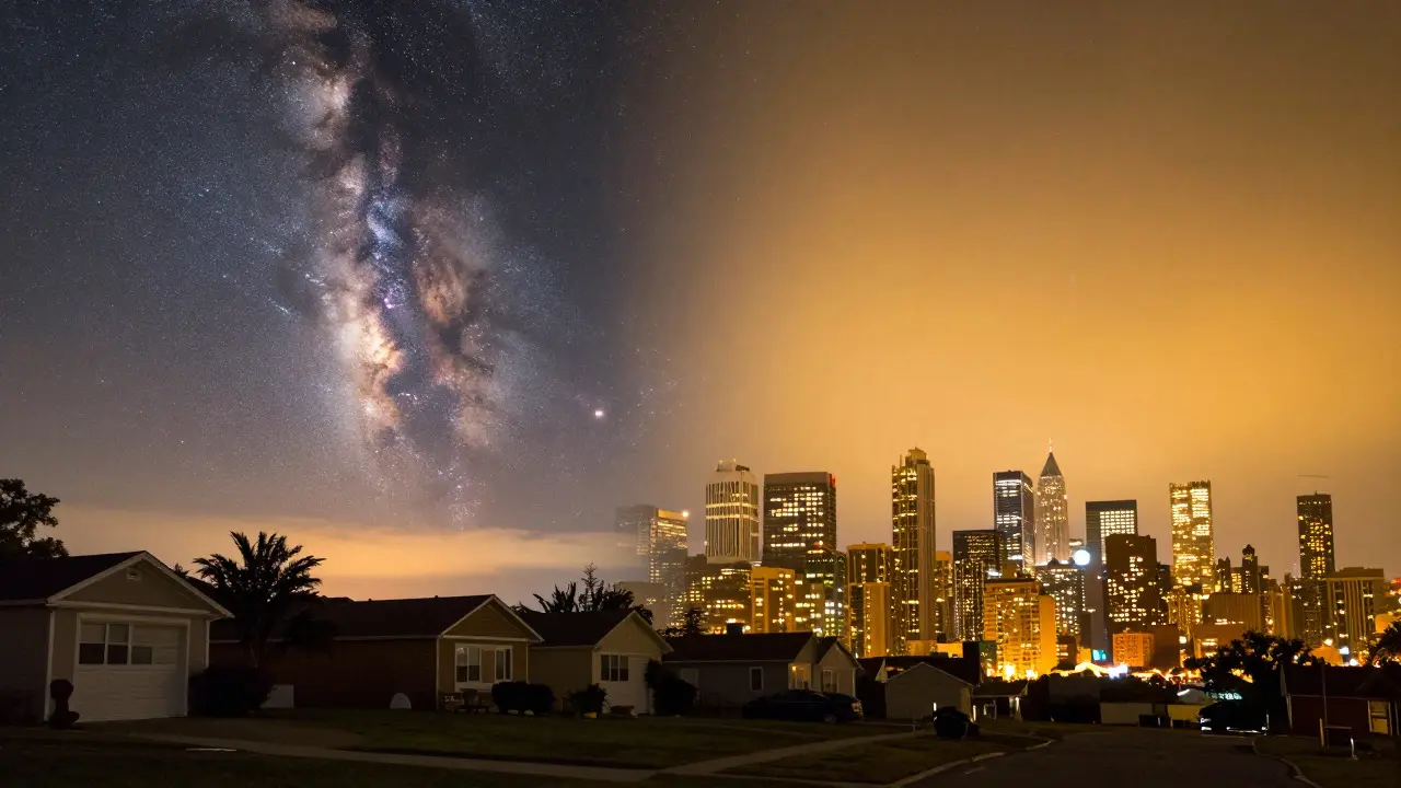 Split view comparing a dim suburban sky with a bright, washed-out inner-city skyline