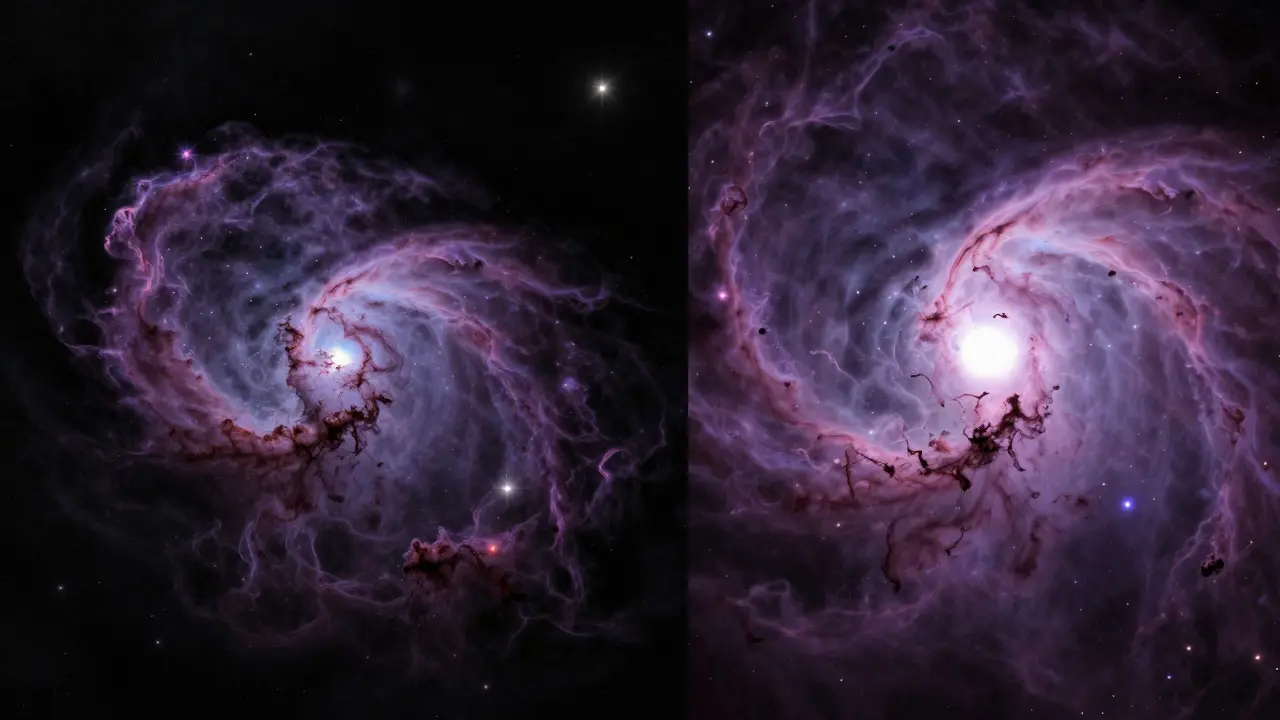 Split view comparing wide-field and zoomed-in images of the Orion Nebula